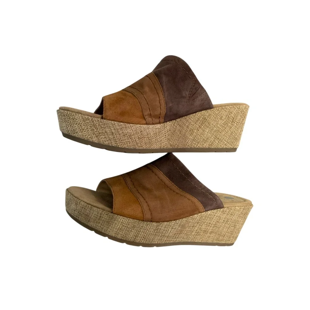 Earth Origins Myra Brown Suede Tri-Color Wedge Sandals Mens 9.5M Platform Mules